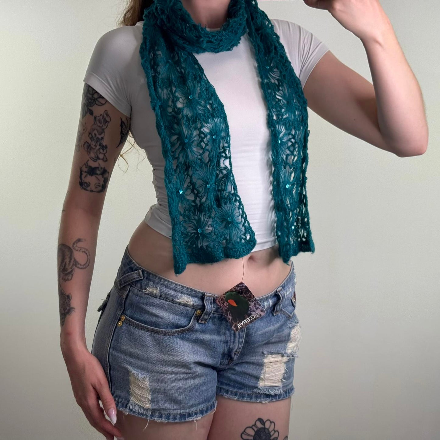Y2K vintage floral crochet knit scarf sequin teal blue flower