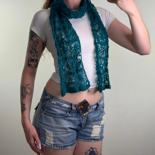 Y2K vintage floral crochet knit scarf sequin teal blue flower