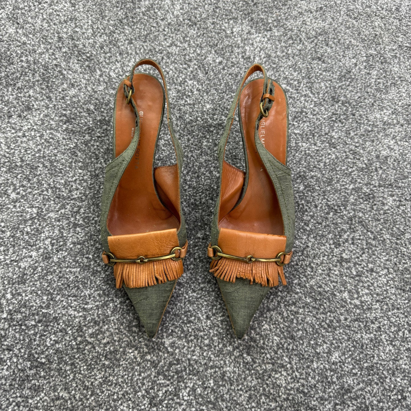 Y2K vintage denim kitten heels pointed leather fringe buckle snaffle bit archive