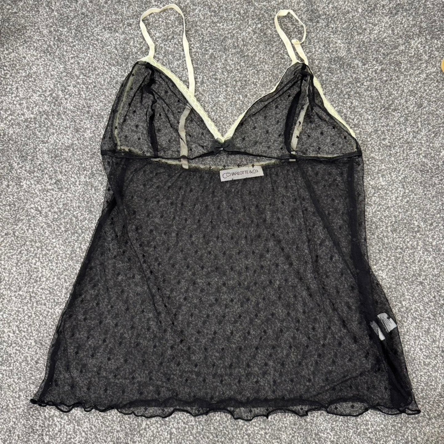 Y2K vintage mesh cami top stretchy sheer fitted bow black cream diamond pattern