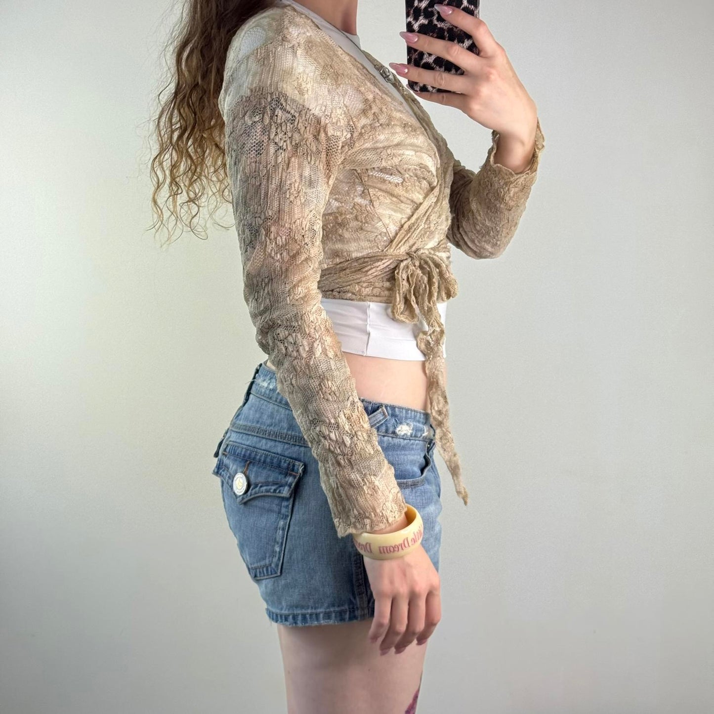 Y2K vintage wrap around cardigan sheer lace beige ombre tie bow adjustable