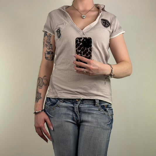 Y2K vintage River Island polo t shirt top v neck grey cross patches collared