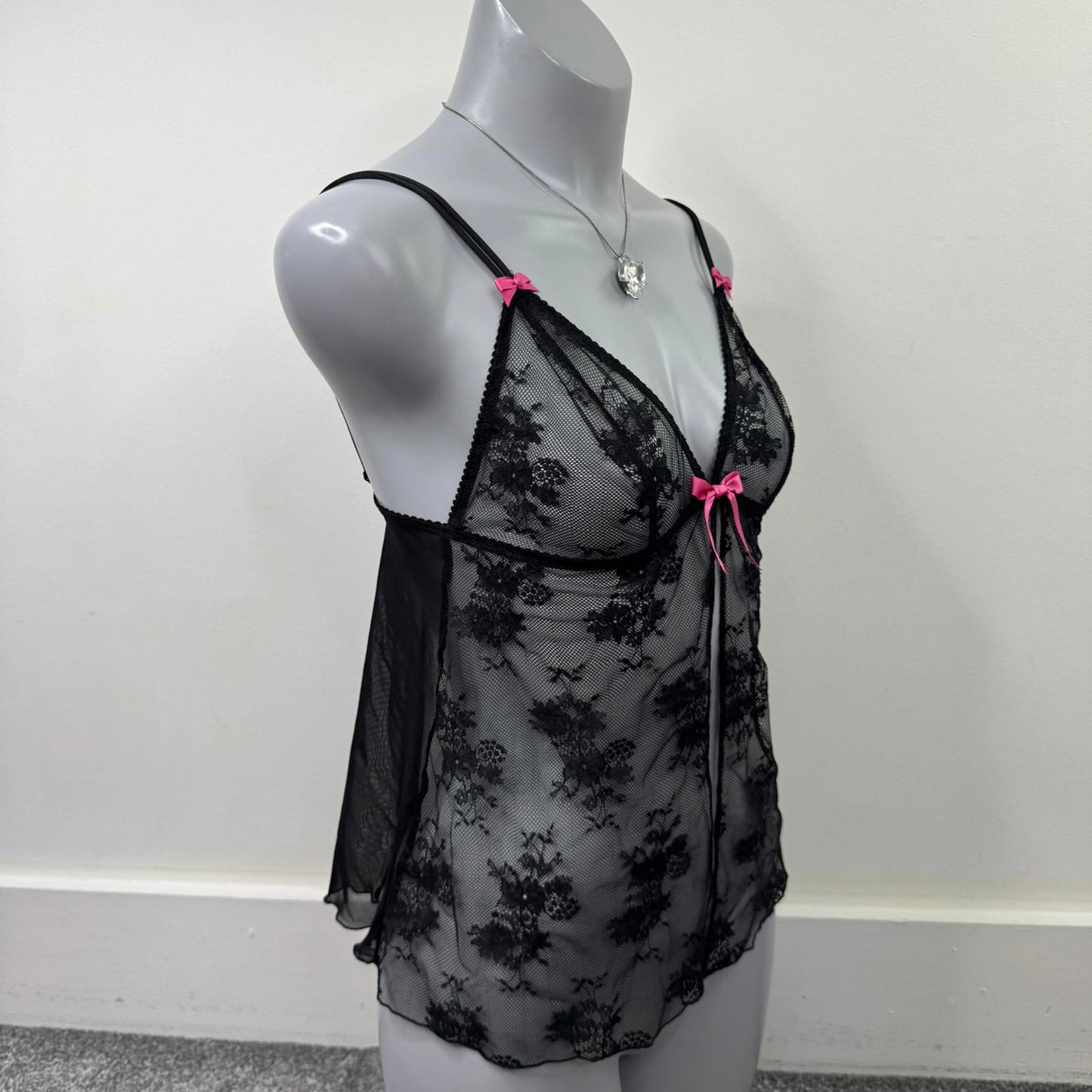 Y2K vintage lace sheer cami top babydoll open front sheer bow floral strappy