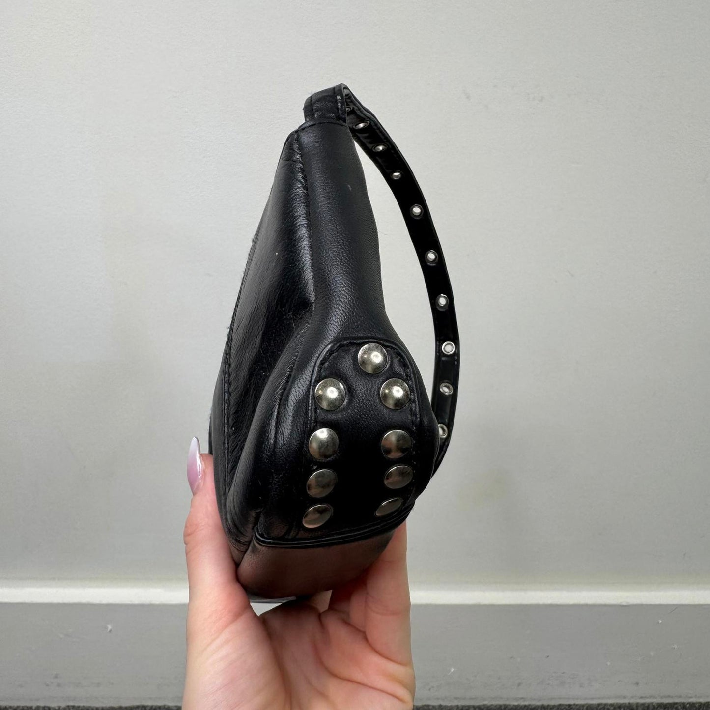 Y2K vintage studded faux leather mini shoulder bag small silver grommet black