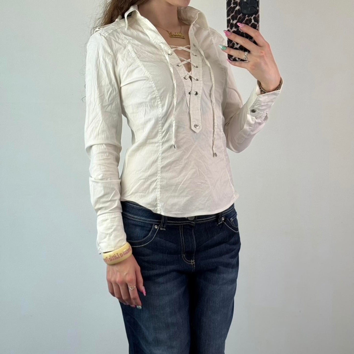 2011 Karen Millen fitted stretchy lace up bust shirt blouse long sleeve white