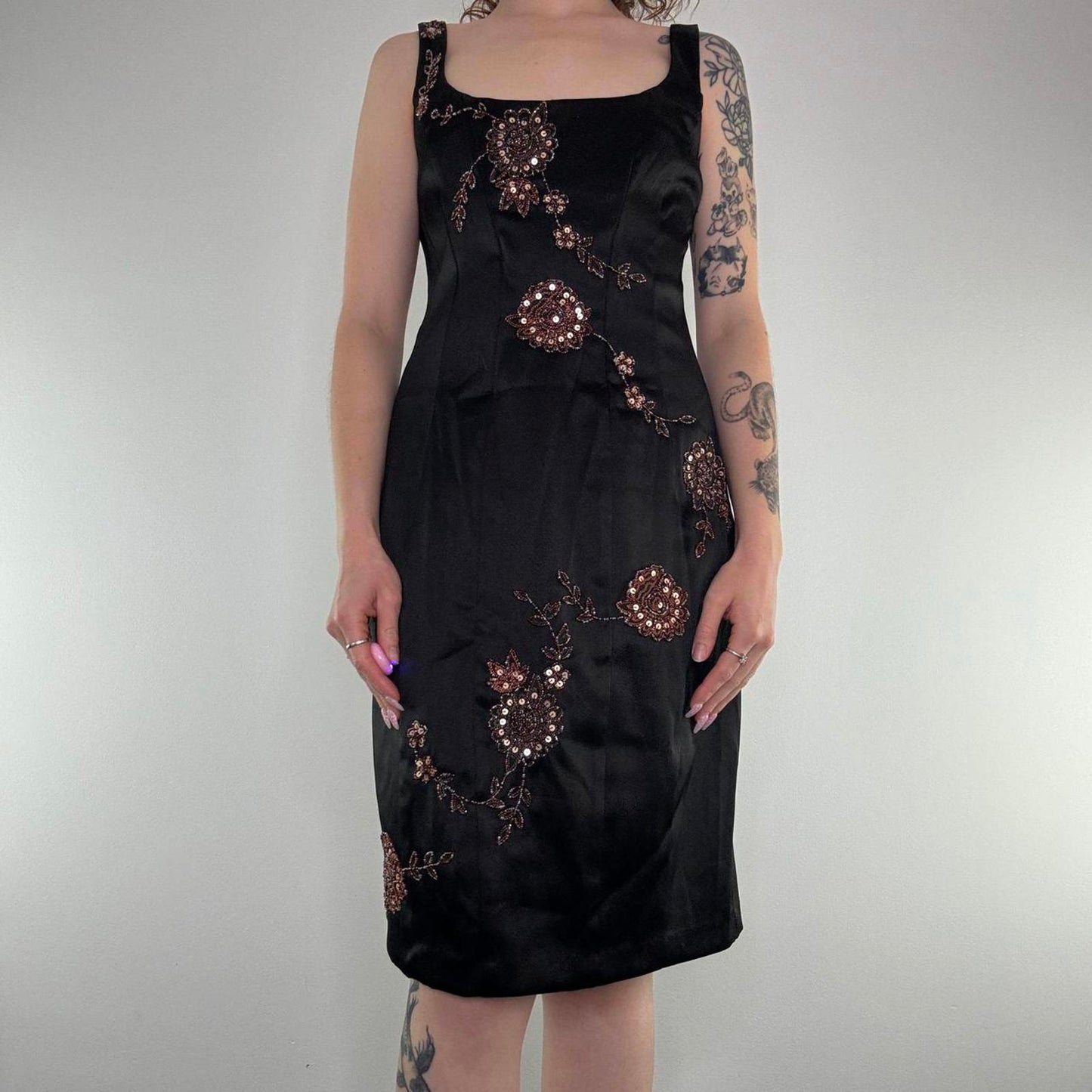 Y2K vintage satin style floral embroidered lace up midi dress fitted round neck
