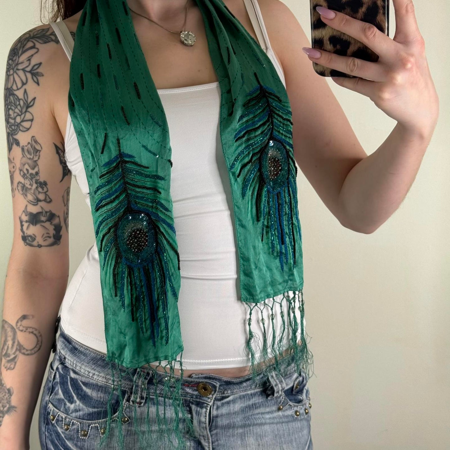 Y2K vintage silk scarf peacock feather beaded sequin fringe lightweight