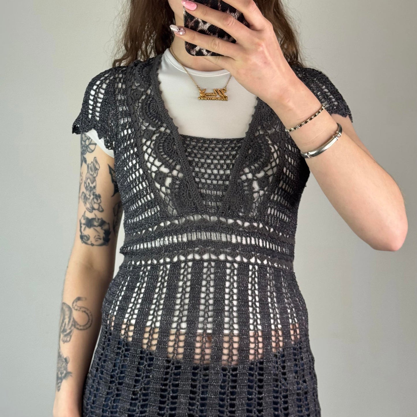 Y2K vintage crochet top sparkly knit short sleeve long length dark grey boho