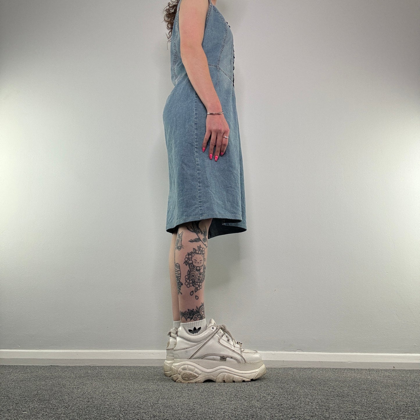 Y2K lace up stretchy denim midi dress