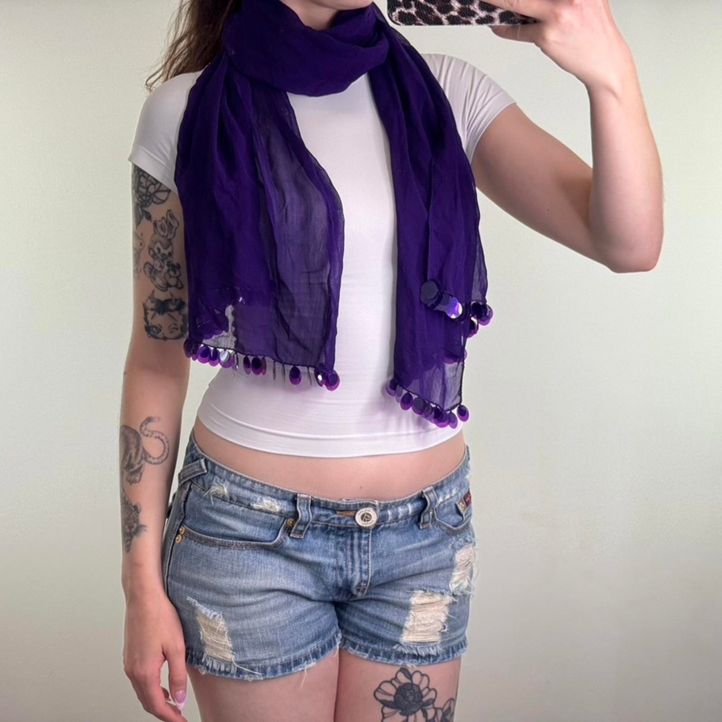 Y2K vintage sheer large scarf beaded sequin trim lightweight purple
