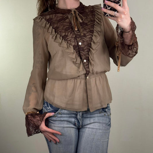 Y2K vintage blouse lace sheer frilly ruffle button up high neck long sleeve bow