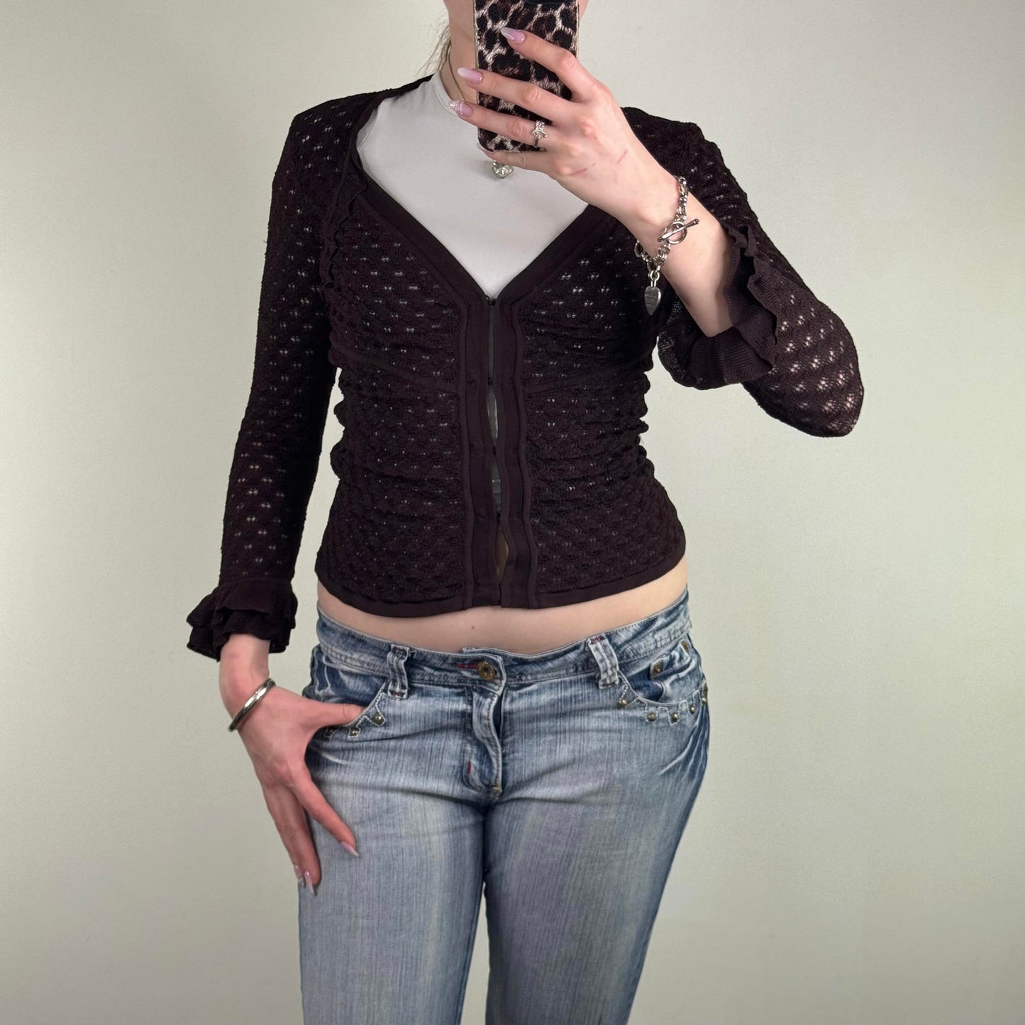 Y2K vintage Karen Millen fine knit cardigan 3/4 sleeve hook and eye frill fitted