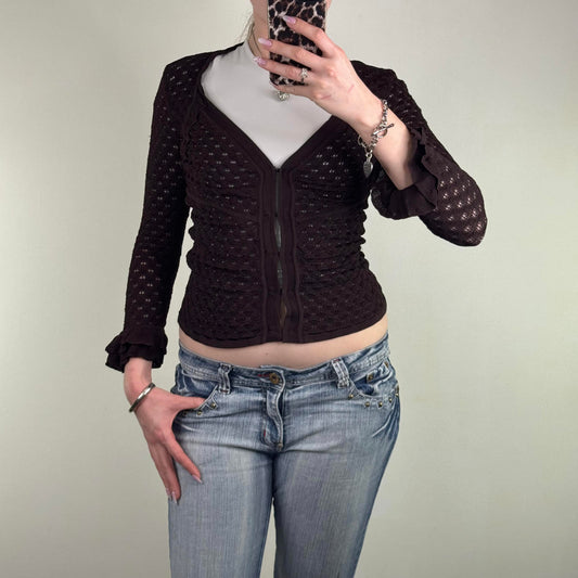 Y2K vintage Karen Millen fine knit cardigan 3/4 sleeve hook and eye frill fitted