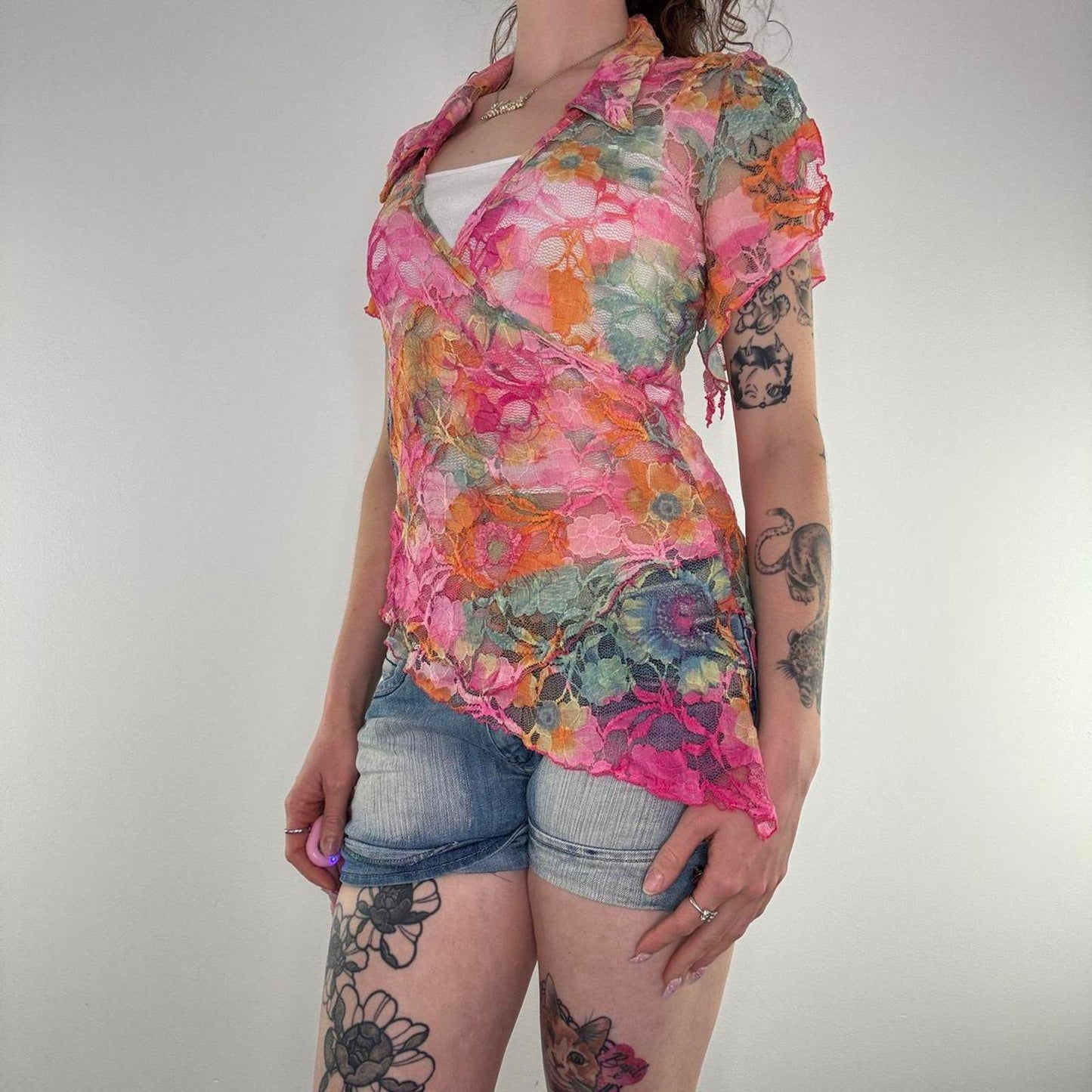 Y2K vintage floral lace top asymmetric frill short sleeve pink multi v neck mesh