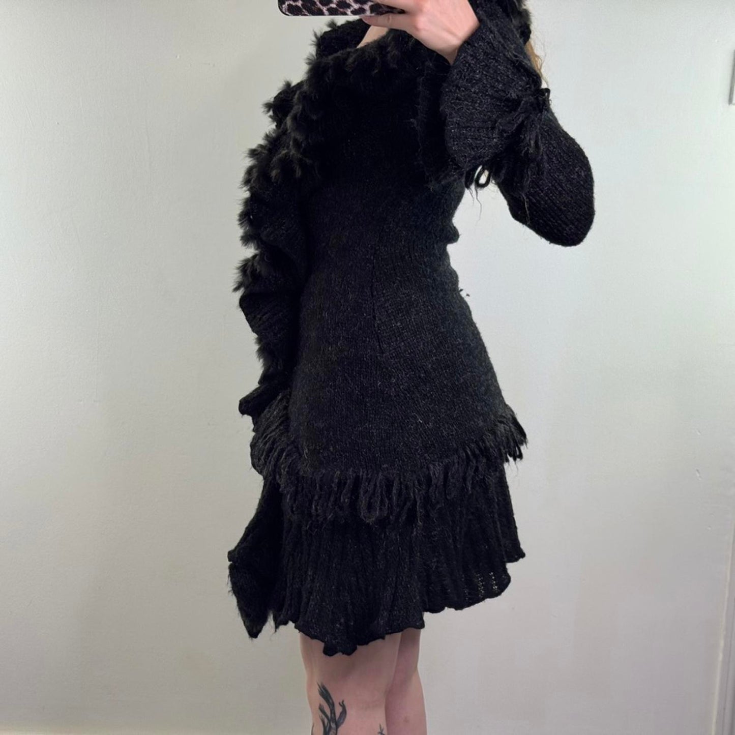 Y2K vintage wool mohair blend cardigan genuine fur ruffle trim long length