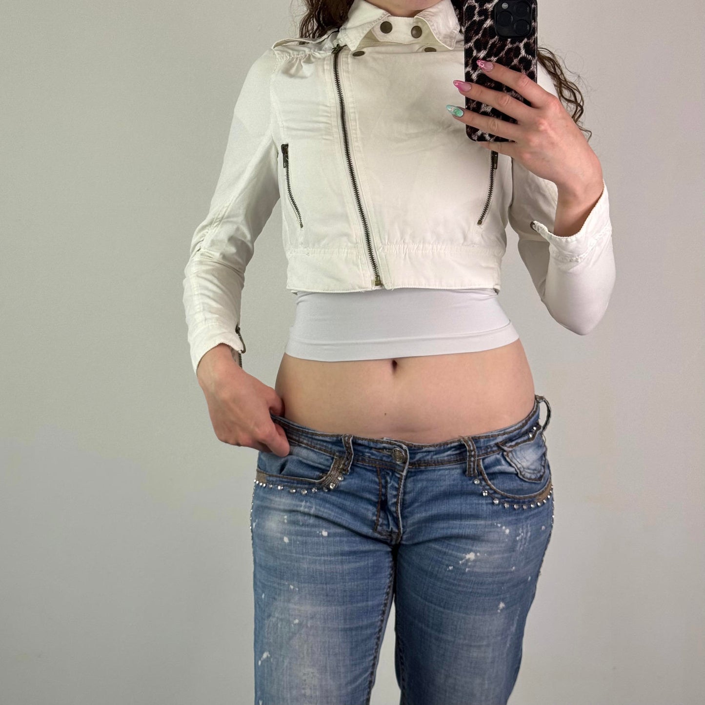 Vintage cropped fitted long sleeve jacket lightweight asymmetrical zipper XS