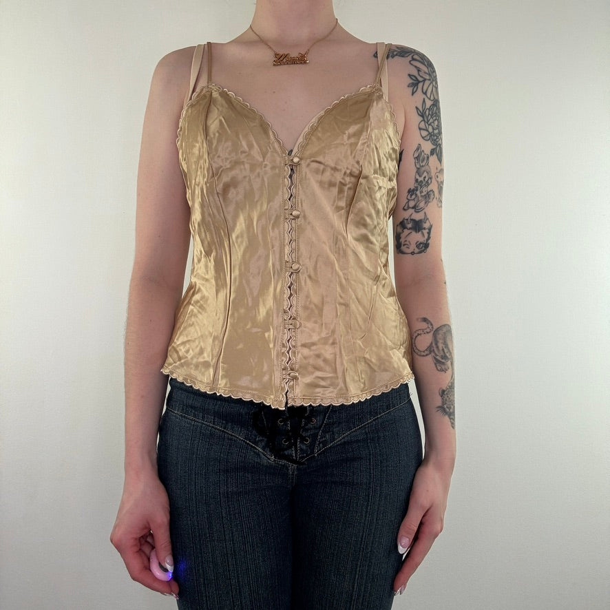 Y2K vintage gold satin button up silk cami top