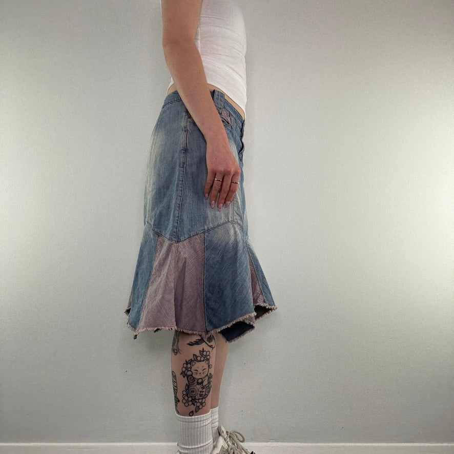 Y2K light denim patchwork frill fraying hem midi skirt