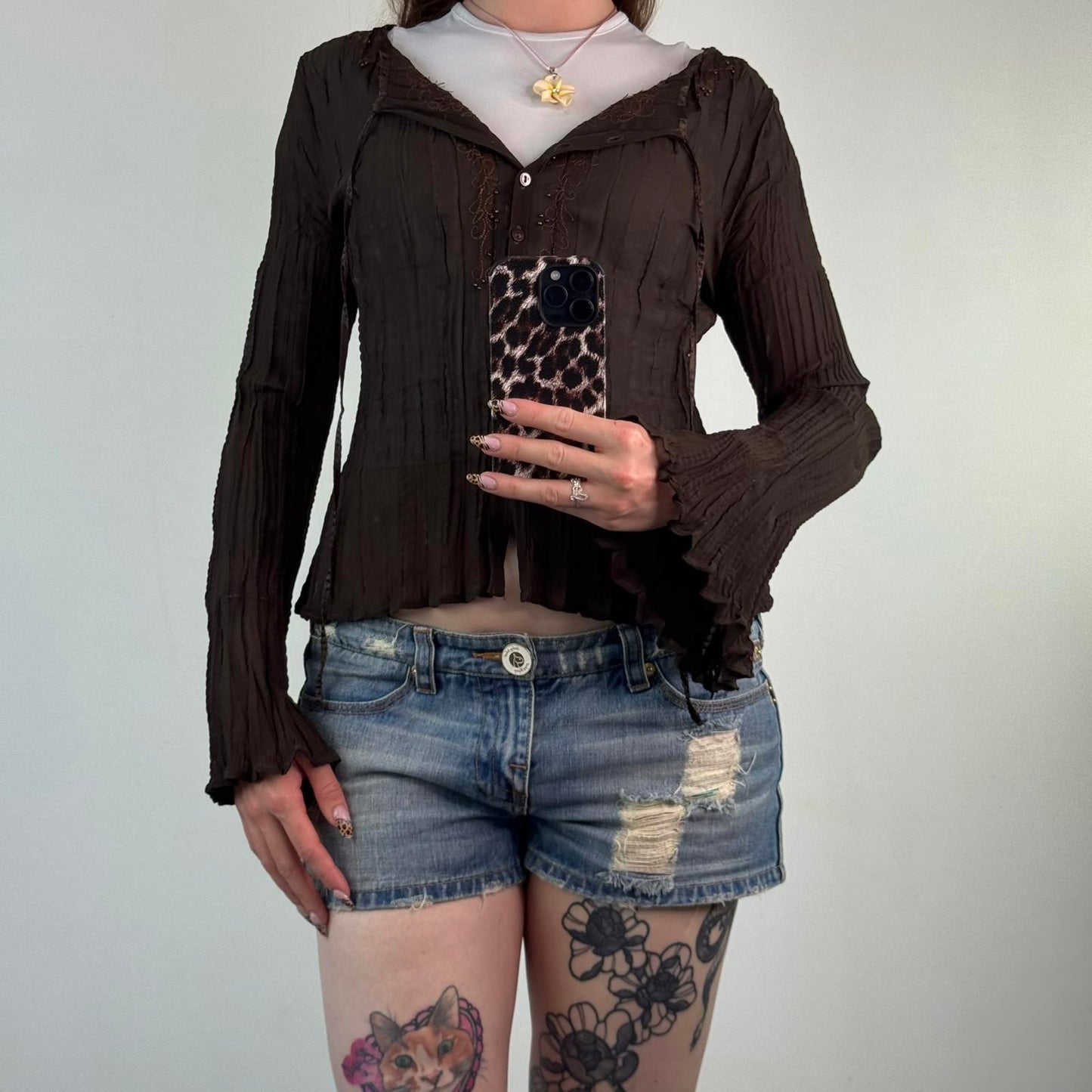 Y2K vintage sheer pleated button up blouse sheer floral embroidery beaded brown