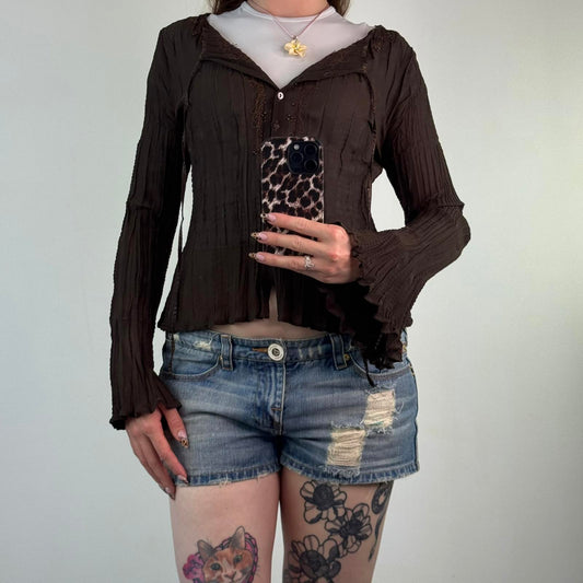 Y2K vintage sheer pleated button up blouse sheer floral embroidery beaded brown