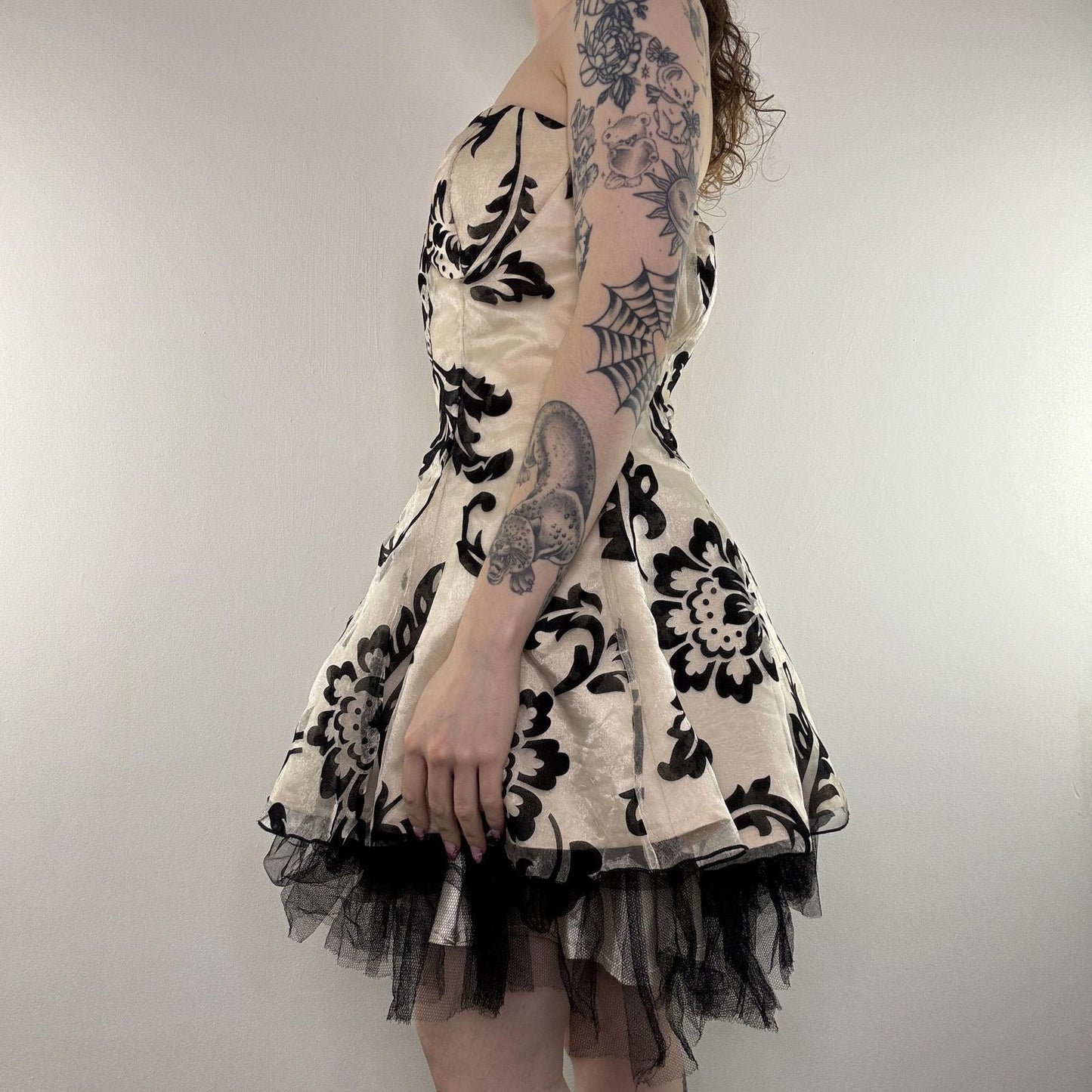 Y2K vintage mini dress strapless floral a line fishnet rara layered flower