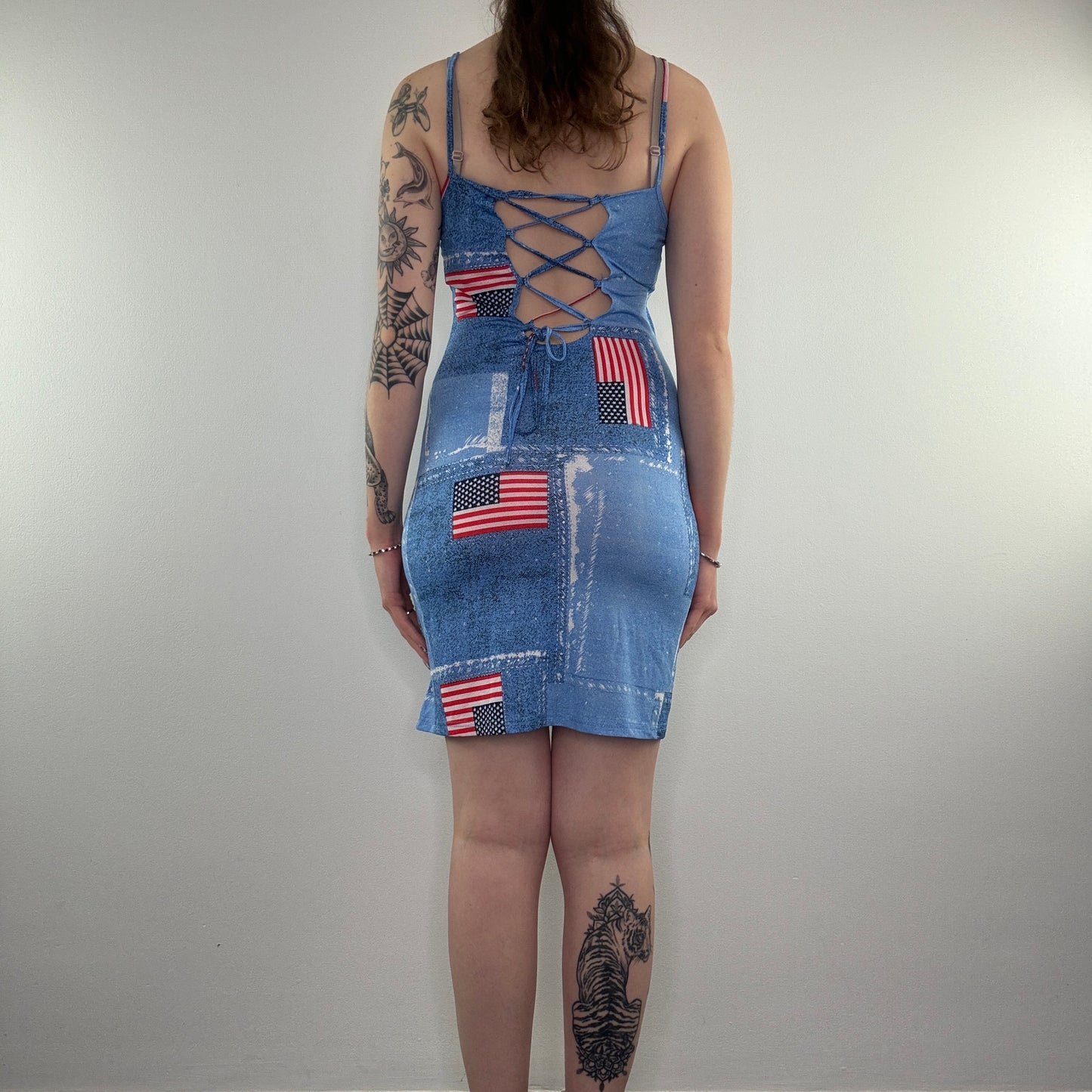 Y2K USA American flag denim mesh lace up mini dress