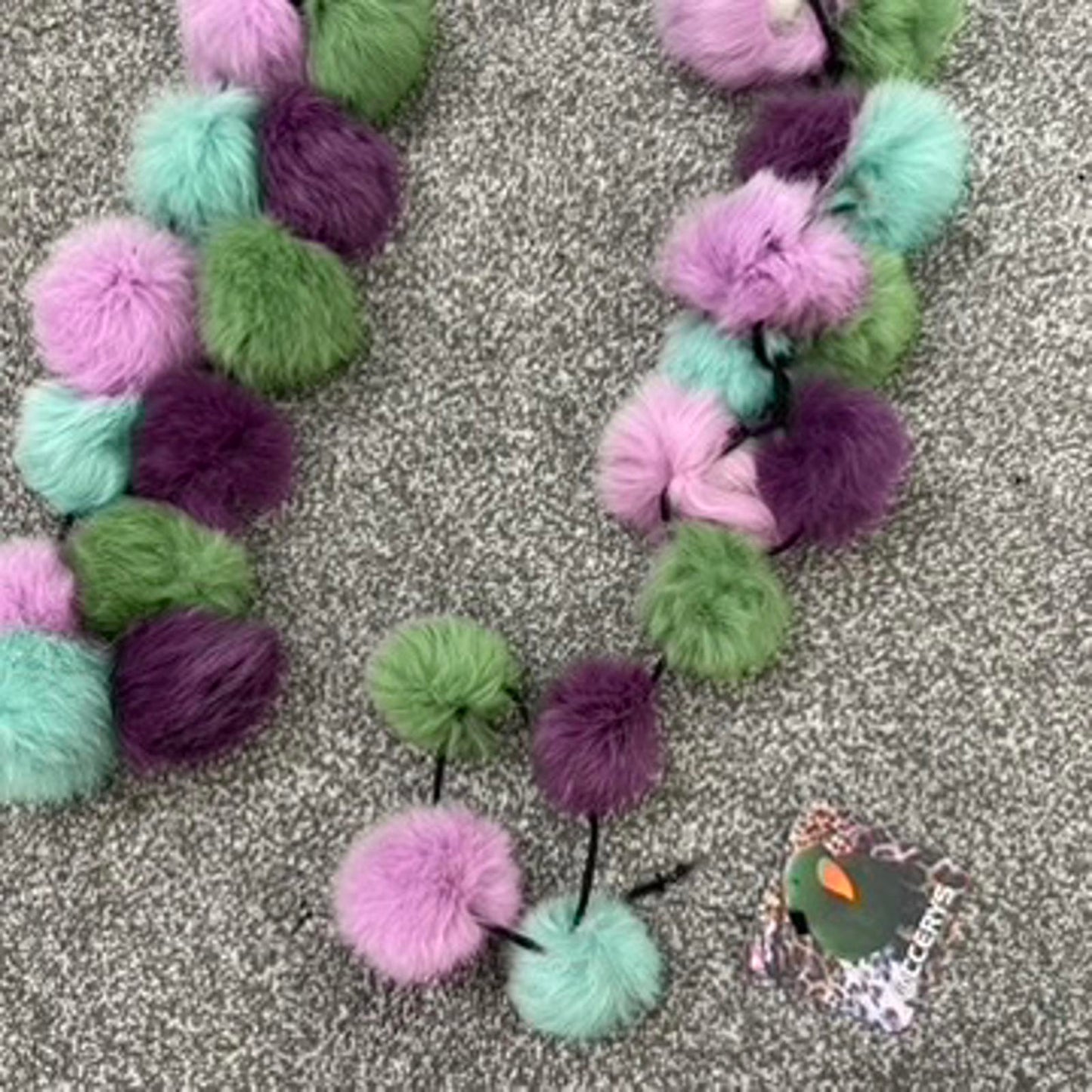 Genuine fur pom pom scarf medium length size purple green blue lilac multi