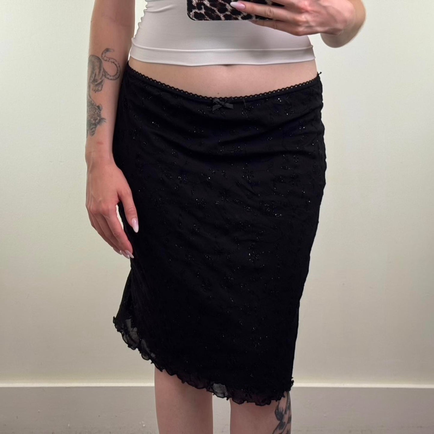 Y2K vintage Bay sparkly glitter midi skirt stretchy low rise bow floral