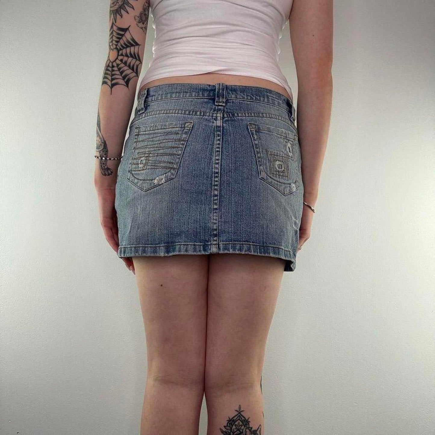 Y2K vintage low rise denim mini skirt distressed faded pockets stitching - UK 12