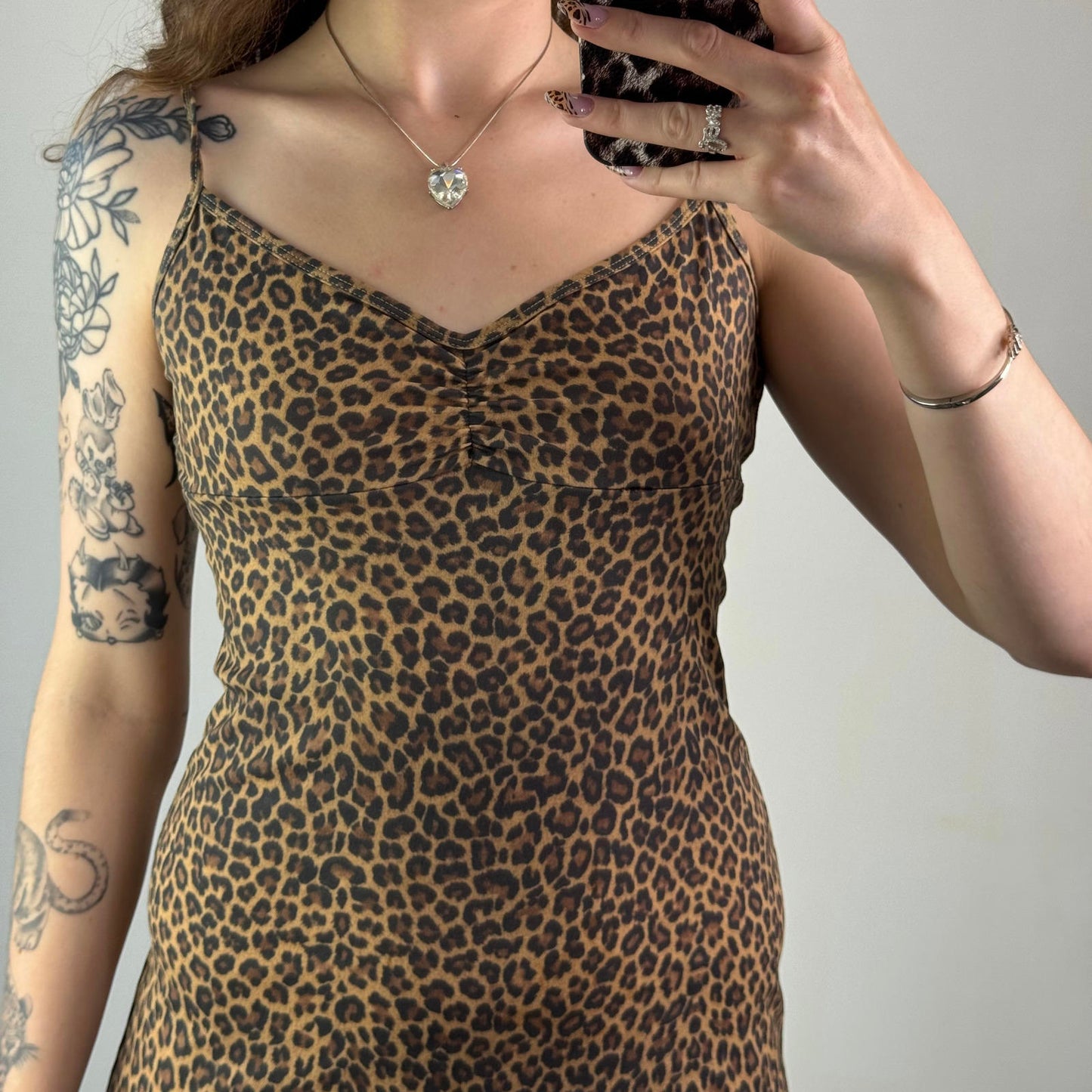 Y2K vintage thick mesh leopard print midi dress strappy v neck bust lightweight