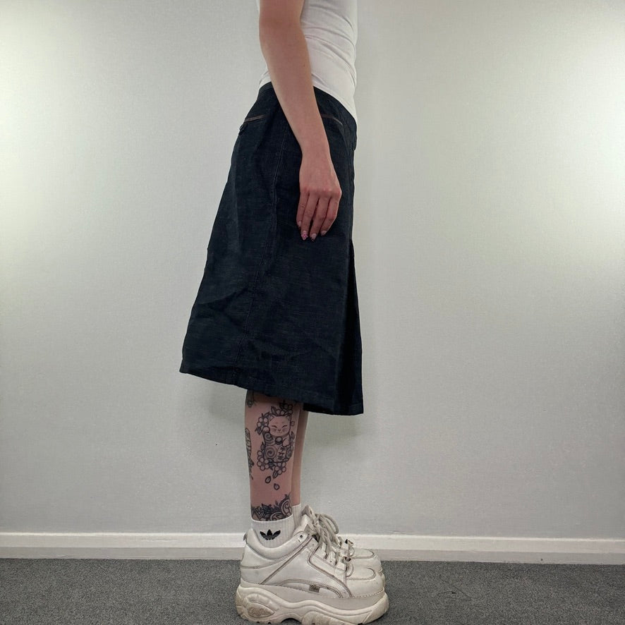 Y2K vintage floaty dark denim triangle front midi skirt