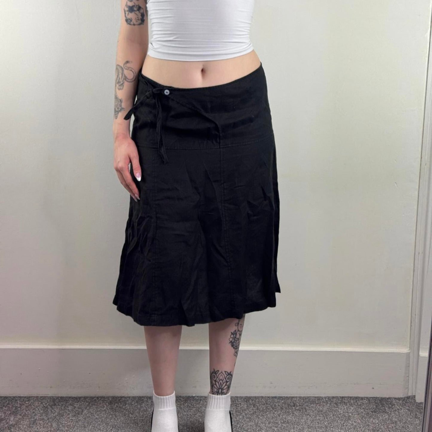 Y2K vintage 100% linen midi skirt wrap around knee length a line fit bow belt