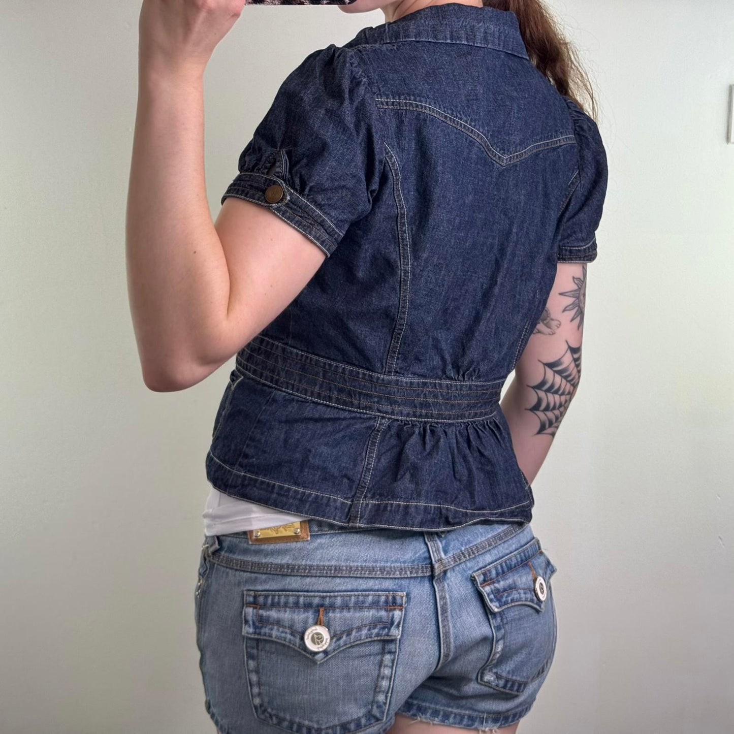 Y2K vintage denim short sleeve blazer jacket button up deep v neck