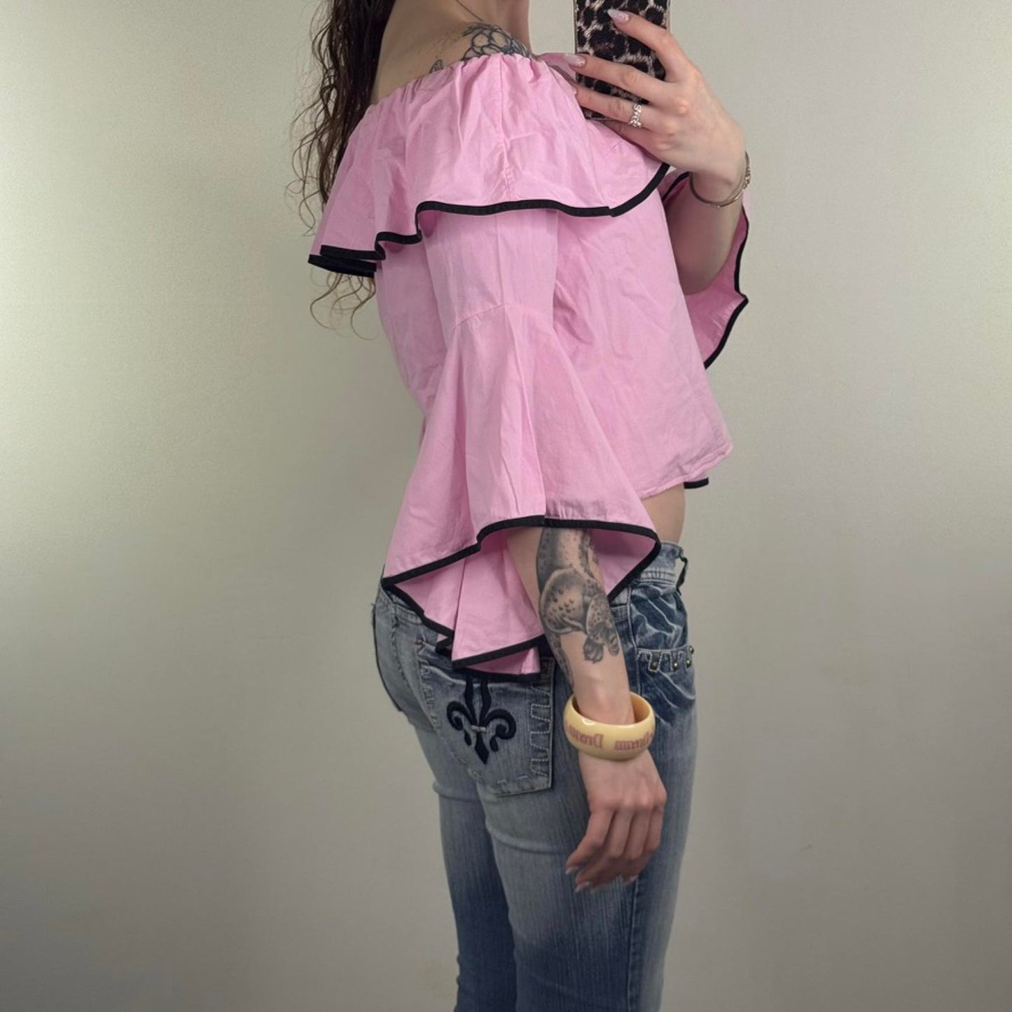 Y2K vintage off the shoulder top flare frill sleeve ruffle cropped going out