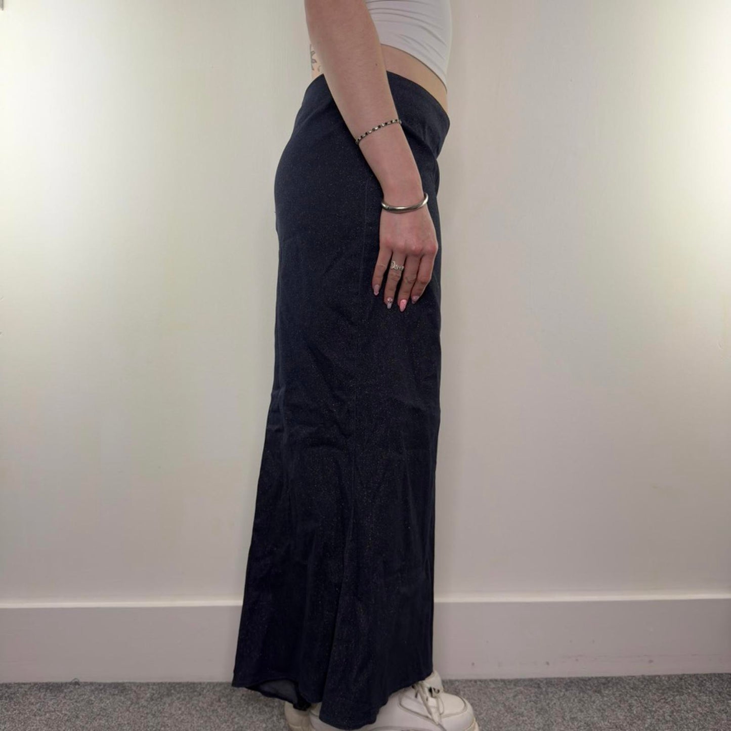 Y2K vintage sparkly denim fishtail fitted stretchy maxi skirt flattering