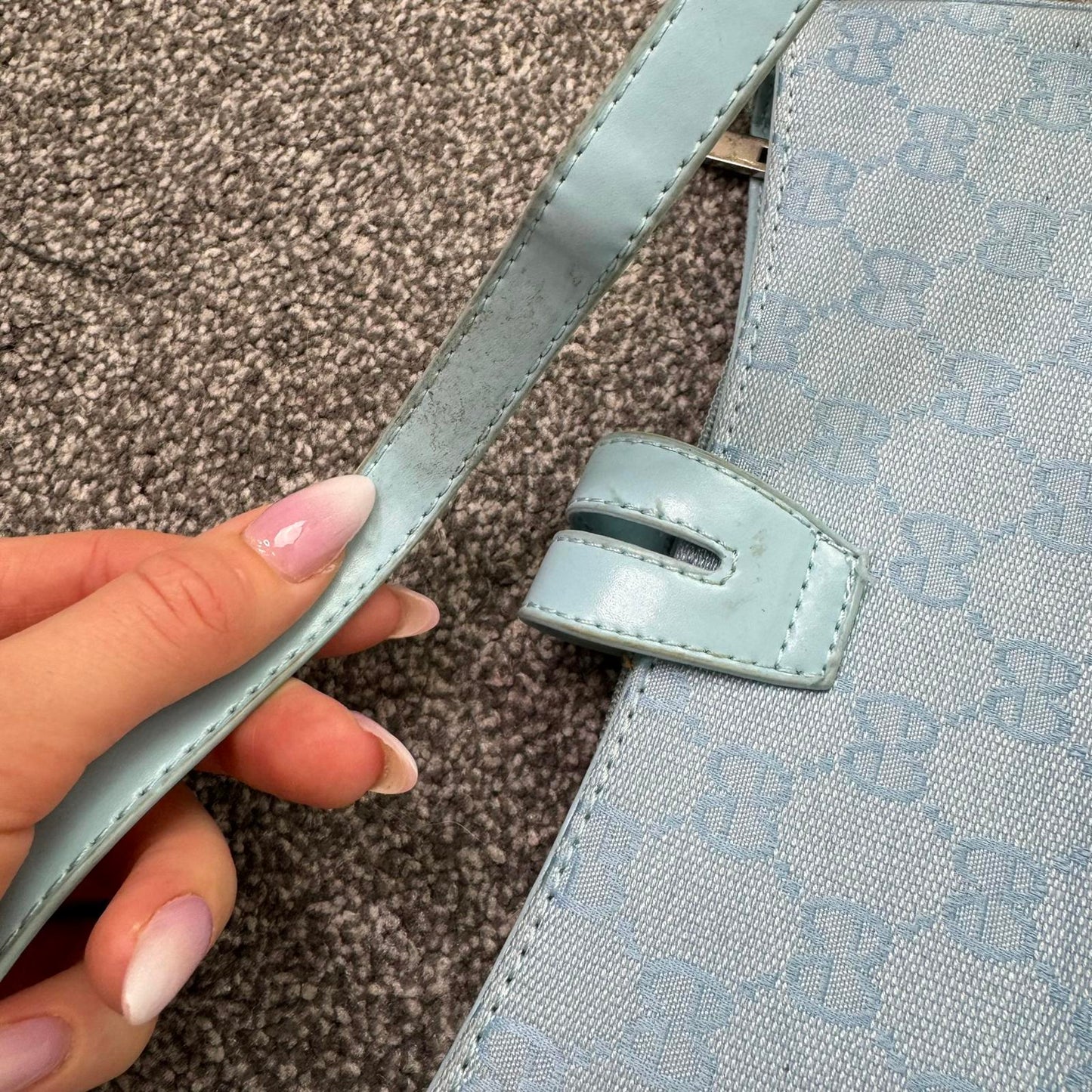 Y2K vintage canvas mini shoulder bag baby blue baguette silver