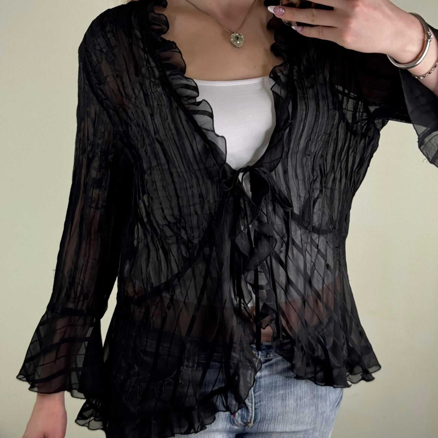 Y2K vintage sheer blouse tie bow front flare sleeve v neck frilly pleated black