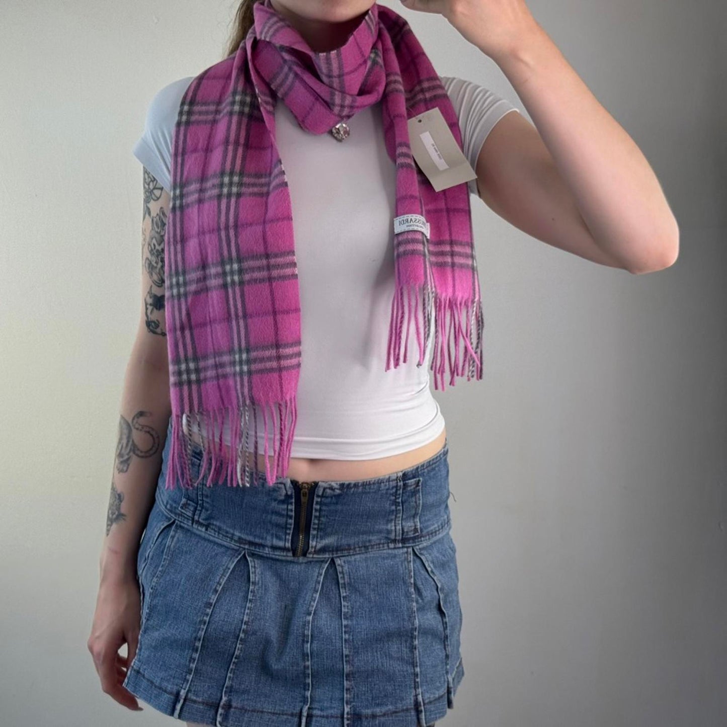 Y2K vintage 100% wool nova check print scarf pink black white