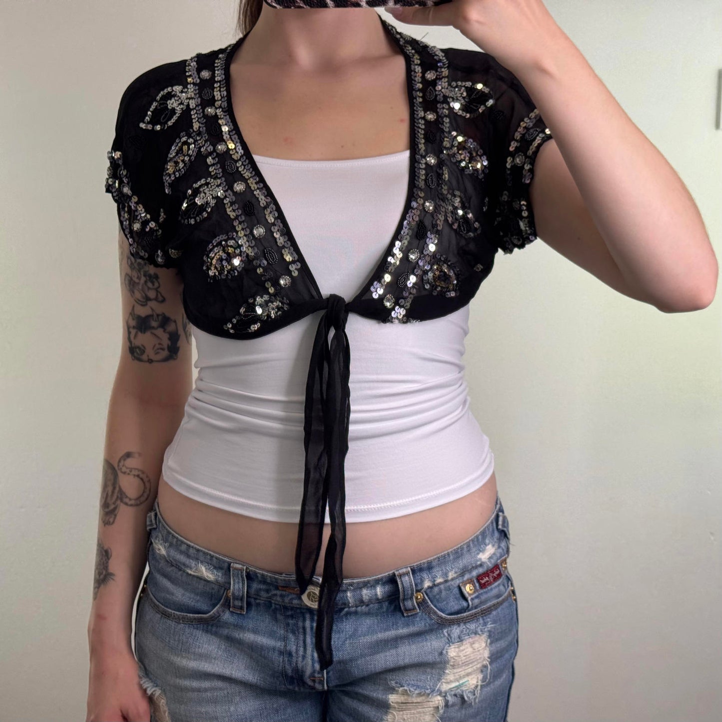 Y2K vintage 100% silk cropped cardigan shrug sheer beaded sequin bow embellished