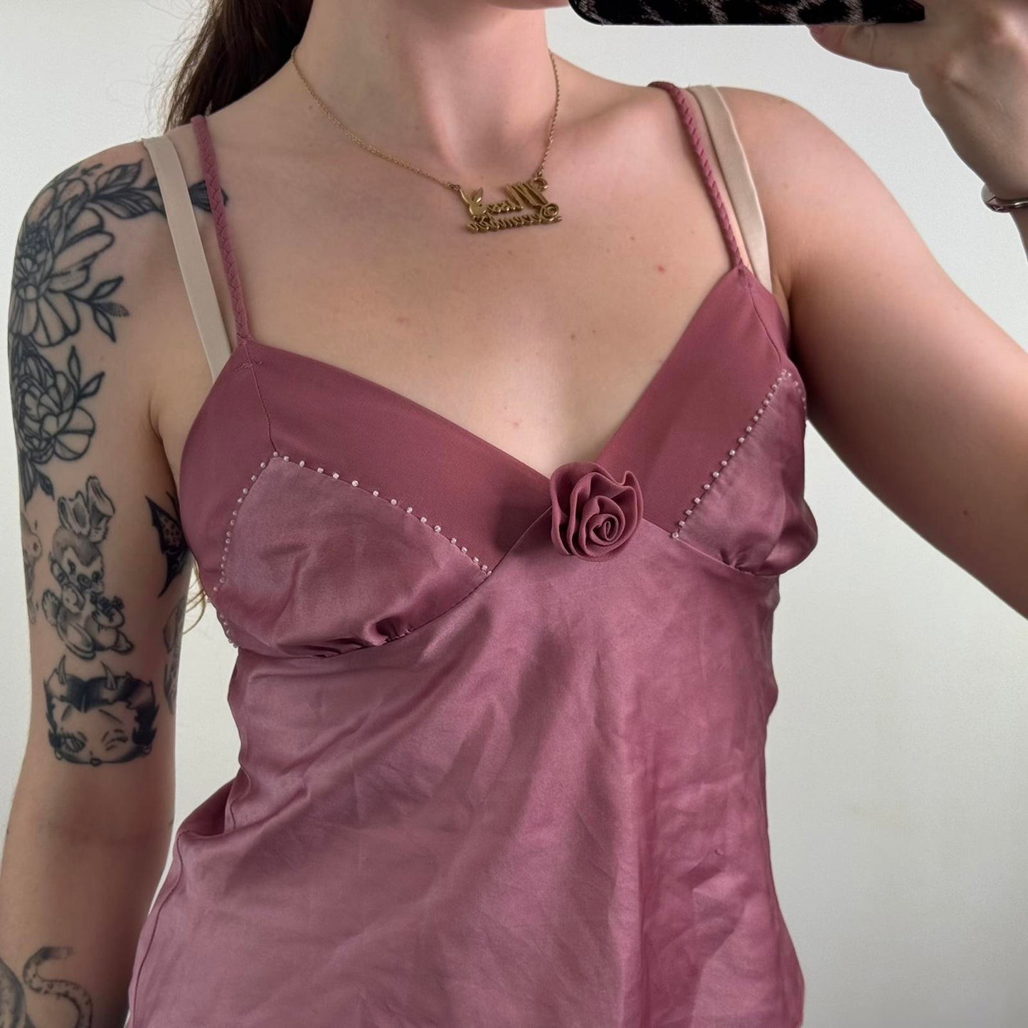 Y2K vintage floral cami top floaty beaded 3D rose dusty pink strappy coquette