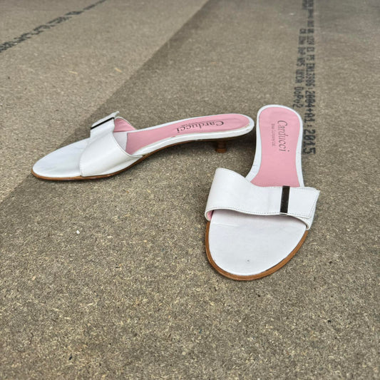Y2K vintage genuine leather kitten wooden heel mule sandal slip on silver buckle
