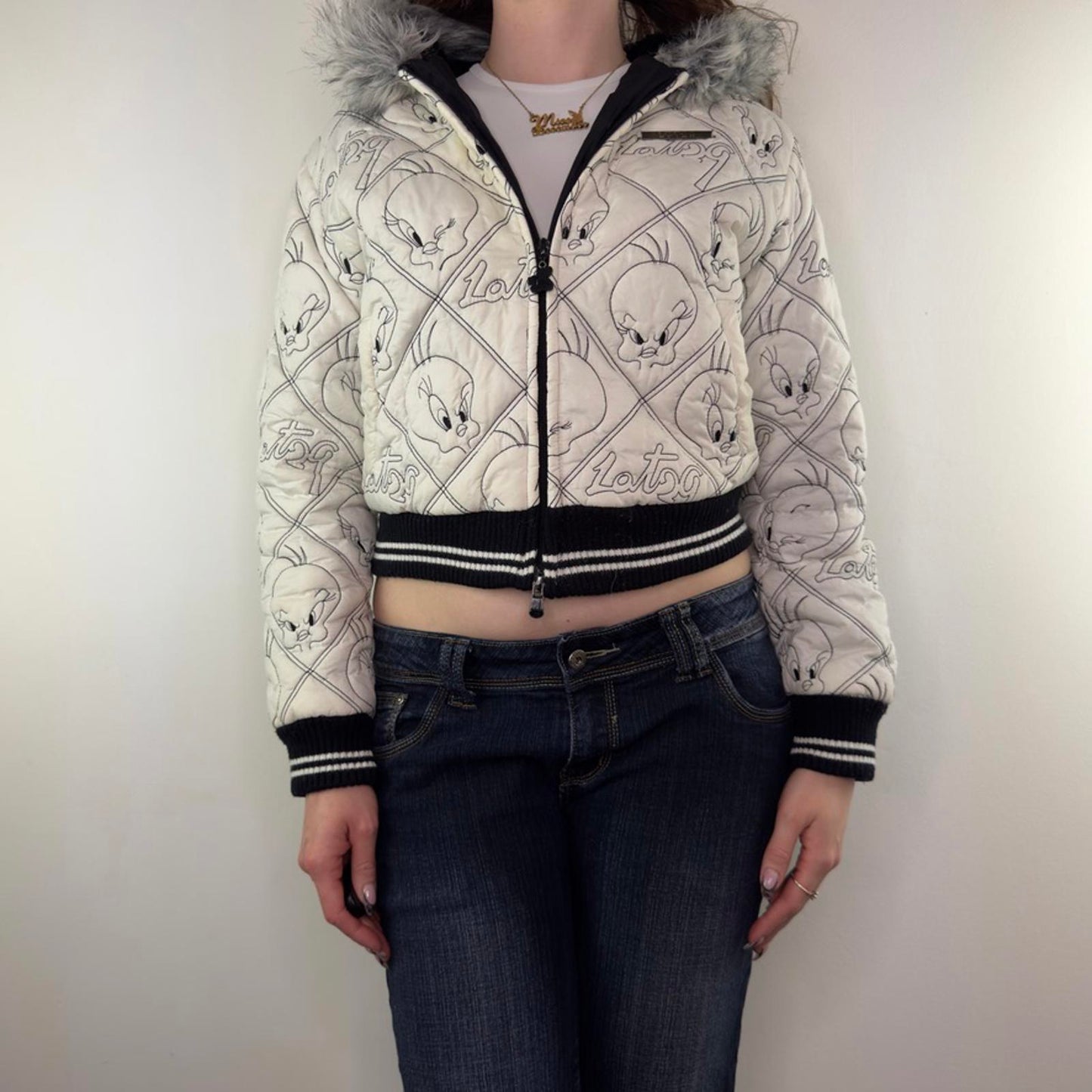 Y2K vintage Lot29 Looney Tunes Tweety short puffer jacket bomber zip up coat