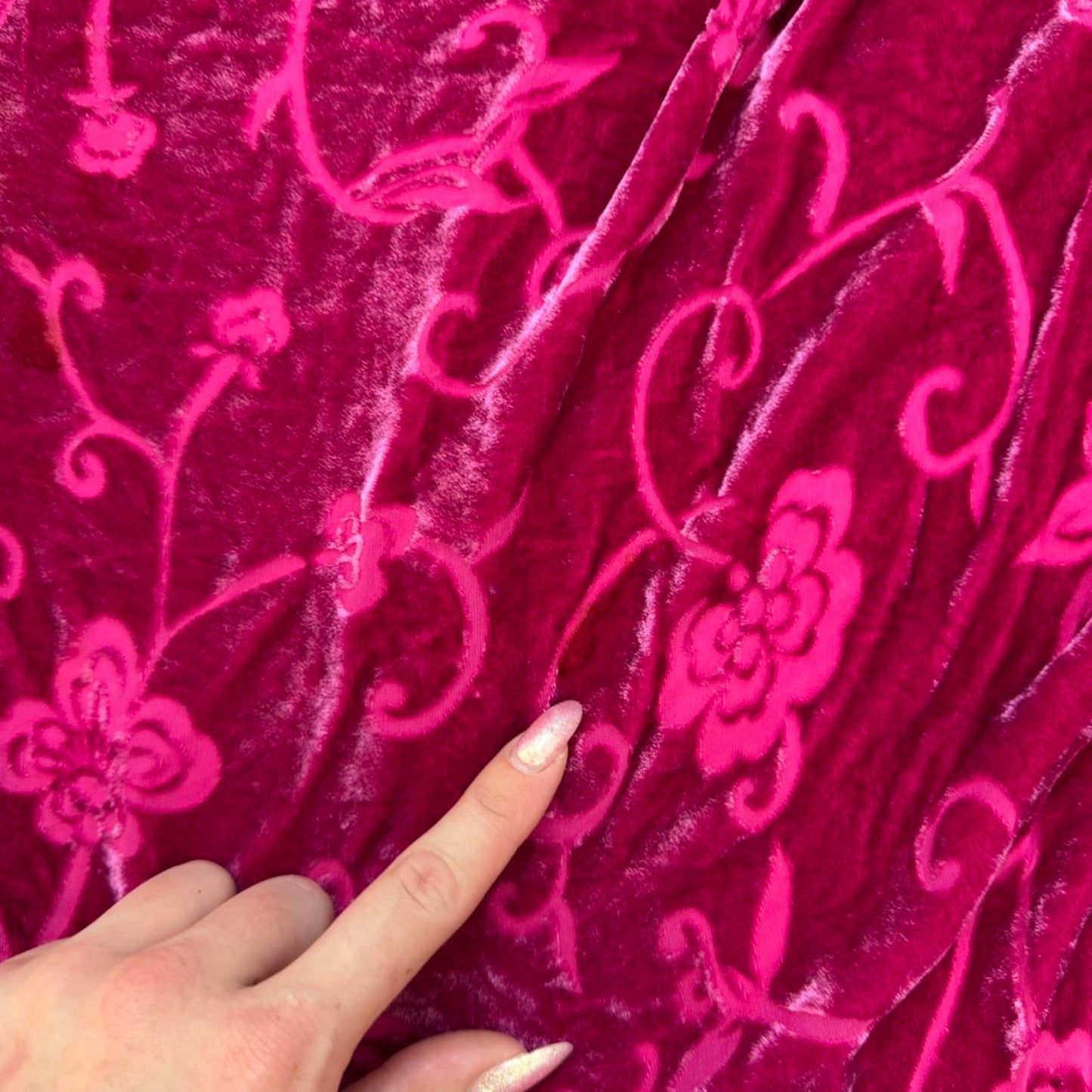 Y2K vintage part silk velour maxi skirt floral a line hot pink stretchy lined
