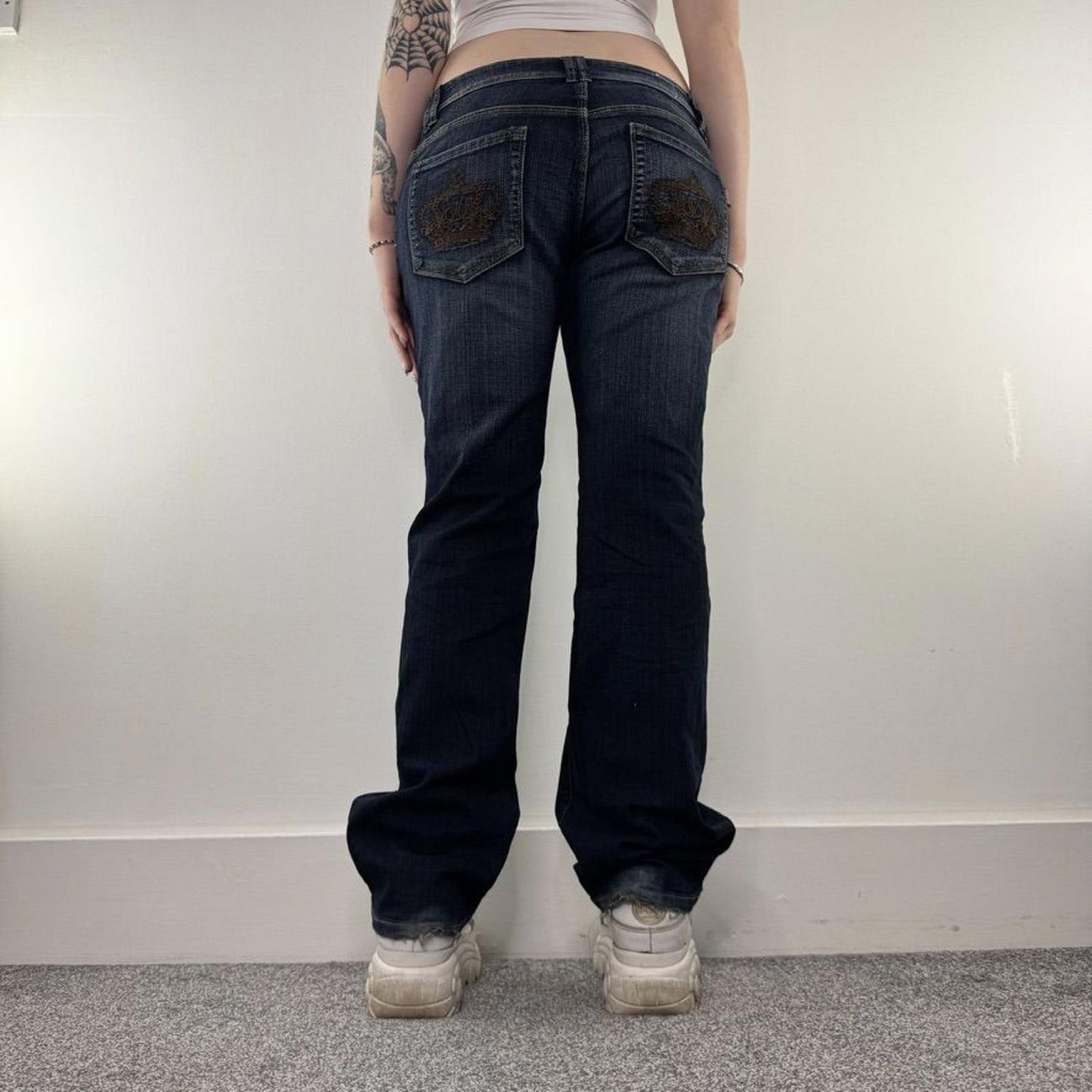 Y2K vintage low rise crown embroidered bootcut denim jeans dark blue faded