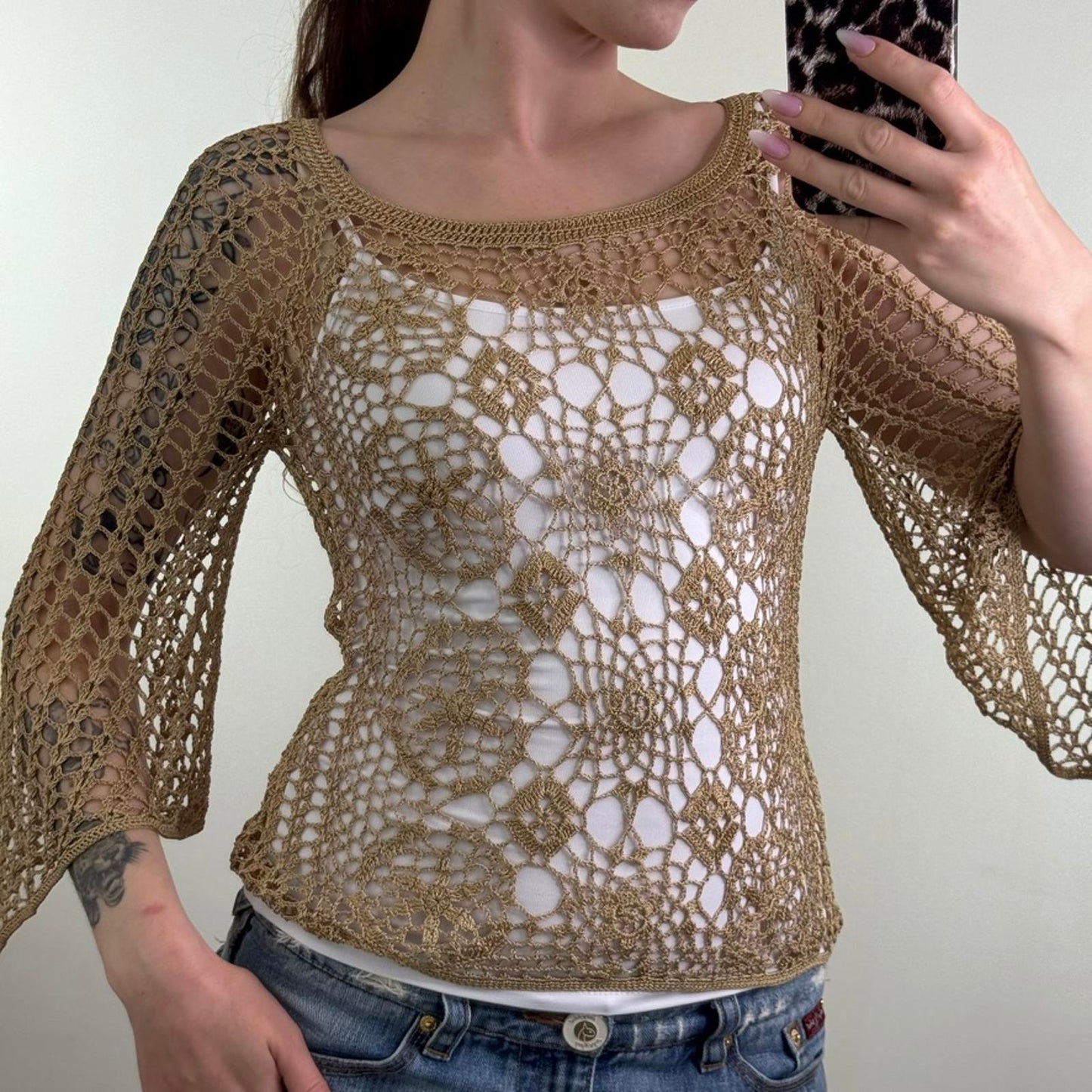 Y2K vintage crochet knit flare 3/4 sleeve top sheer round neck beige pattern