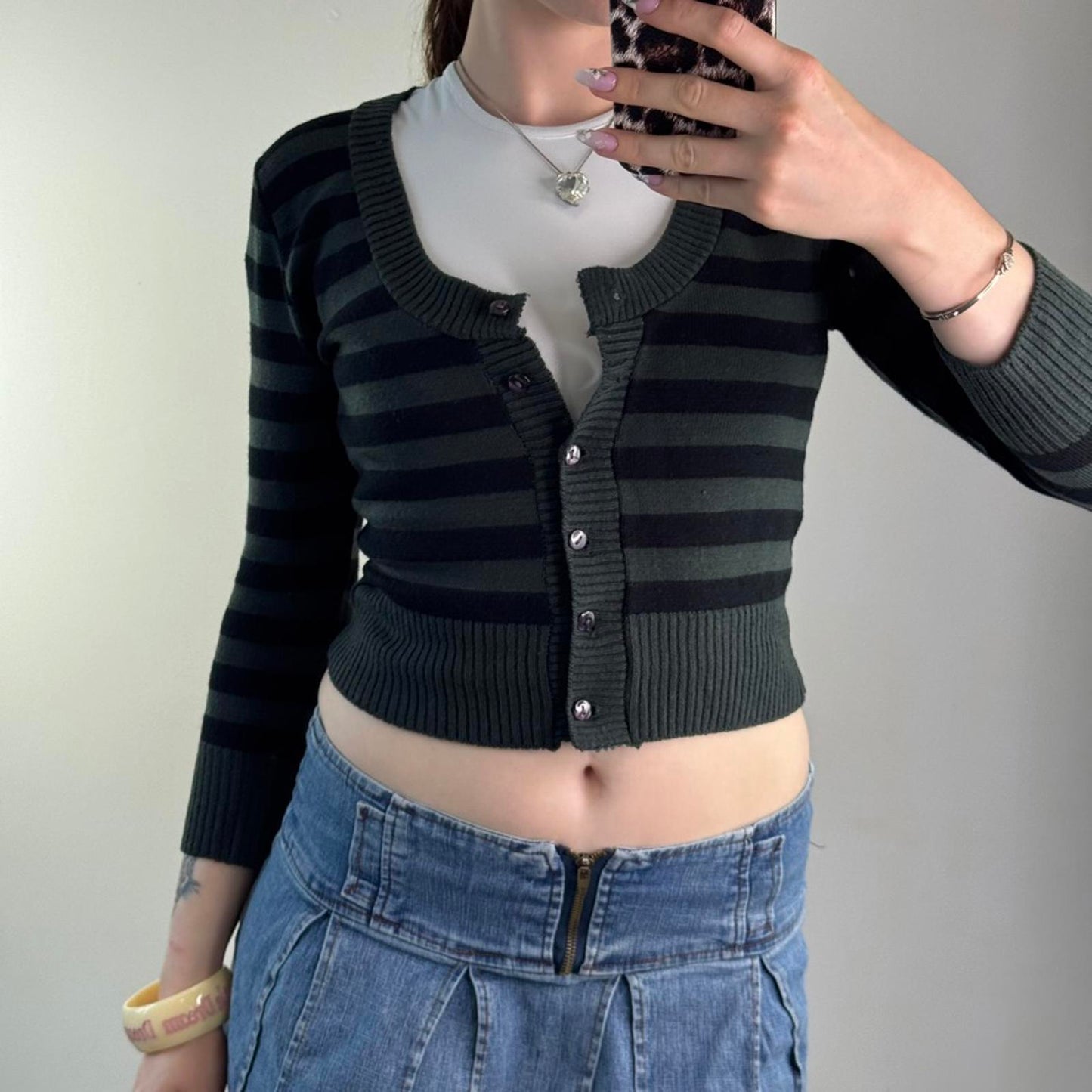 Y2K vintage cropped stripe knit cardigan button up round scoop neck 3/4 sleeve