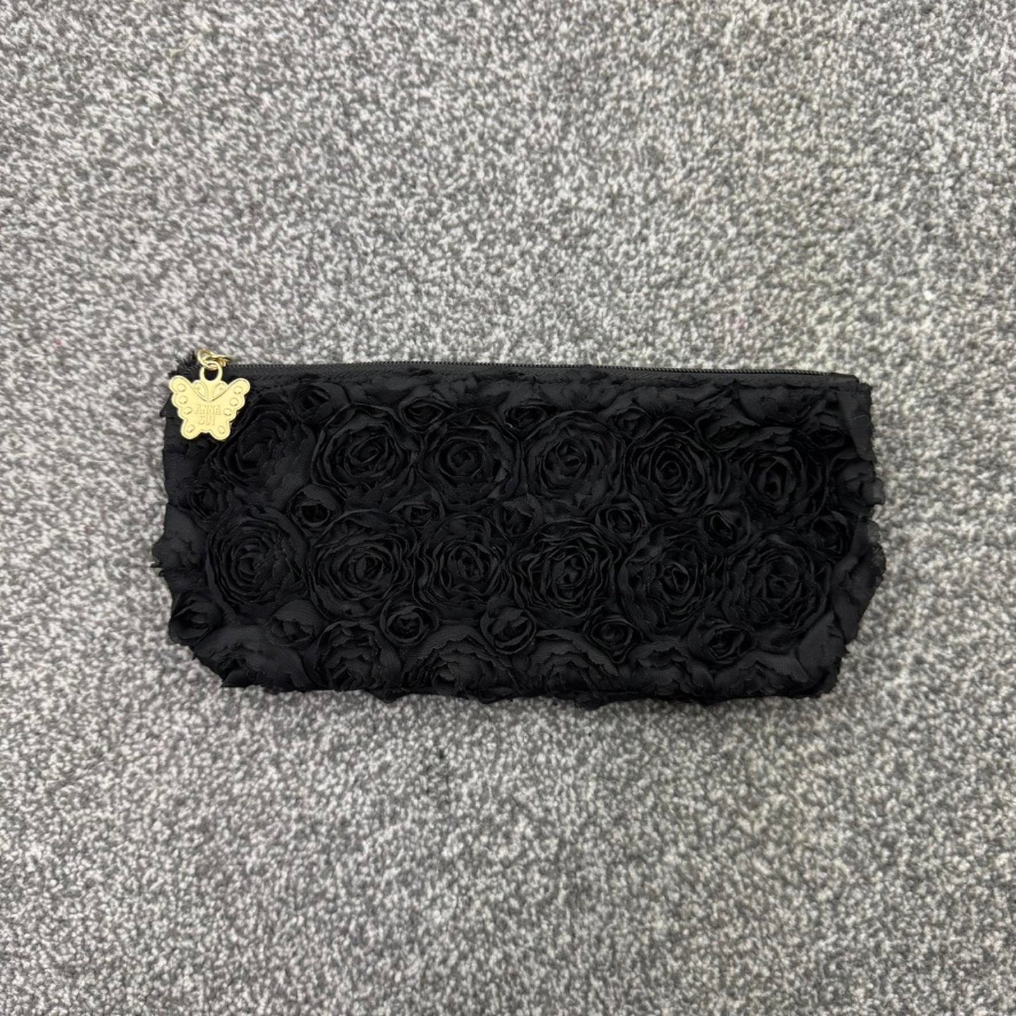 Anna Sui 3D rose floral makeup bag cosmetic gold butterfly zipper closure