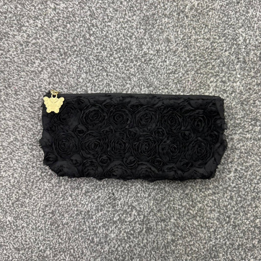 Anna Sui 3D rose floral makeup bag cosmetic gold butterfly zipper closure