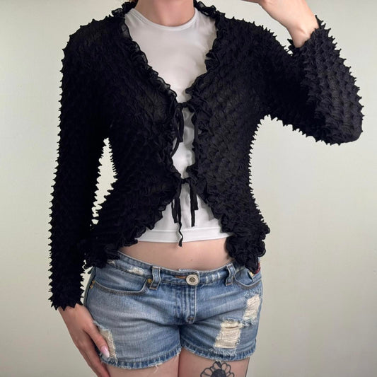 Y2K vintage popcorn cardigan tie bow open front stretchy v neck short length