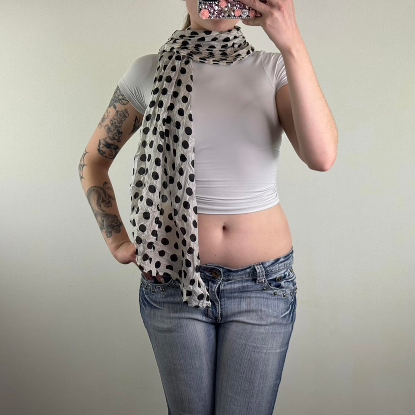 Y2K vintage polka dot lightweight scarf crinkle spotty black white monochrome
